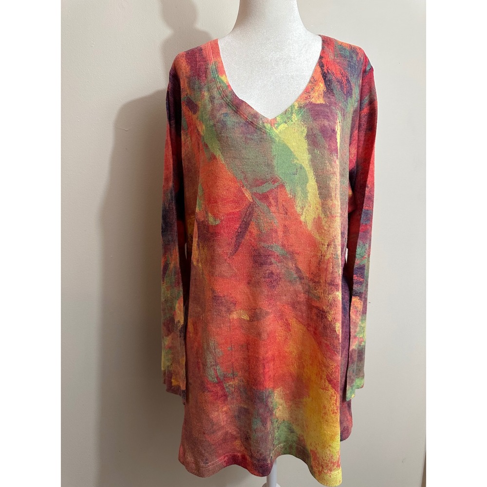Soft Surroundings Watercolor Abstract V-Neck Tunic Top Orange Multi 1X SBNS1